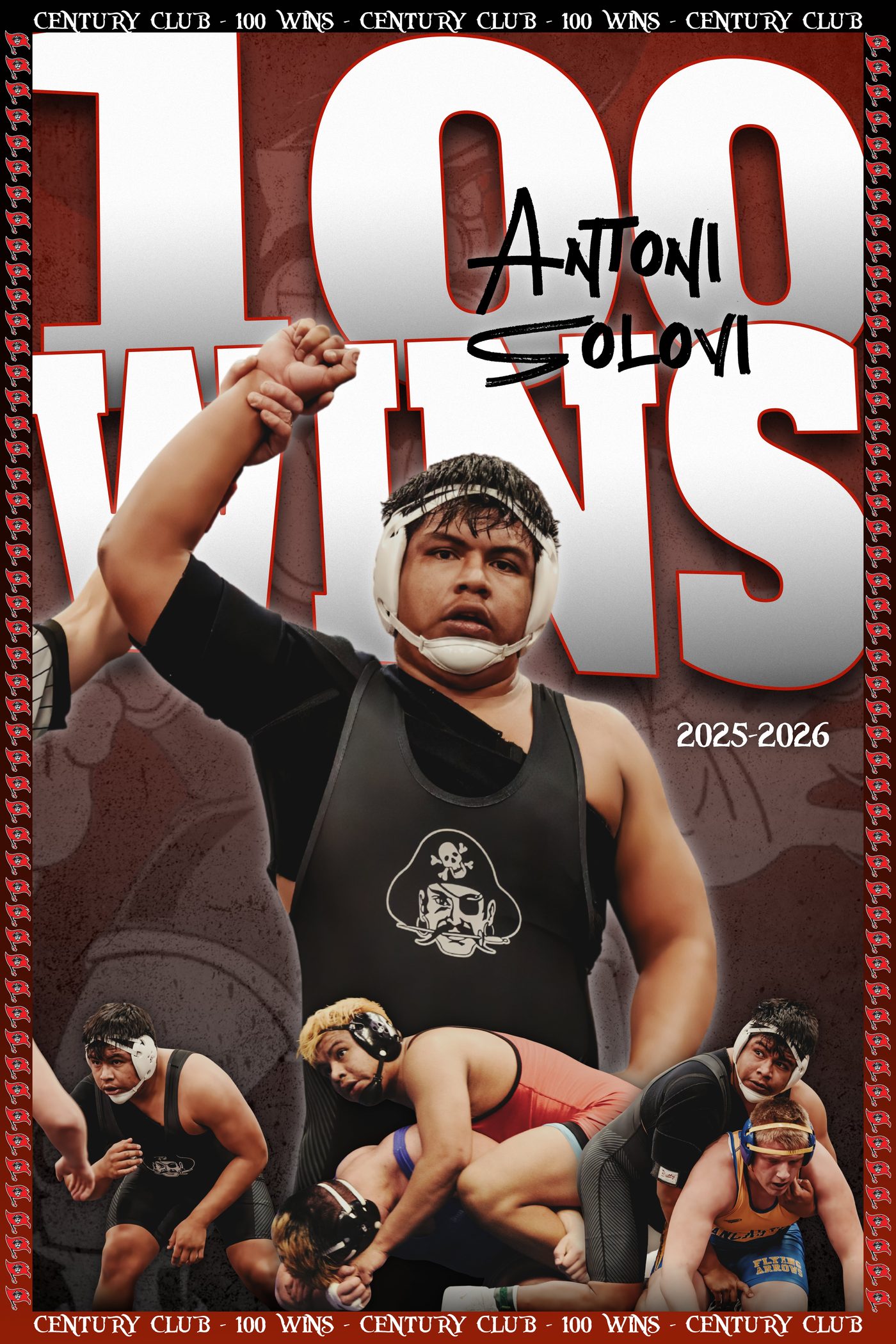 Milestone banner for a wrestler's 100th career win, arm raised by the referee
