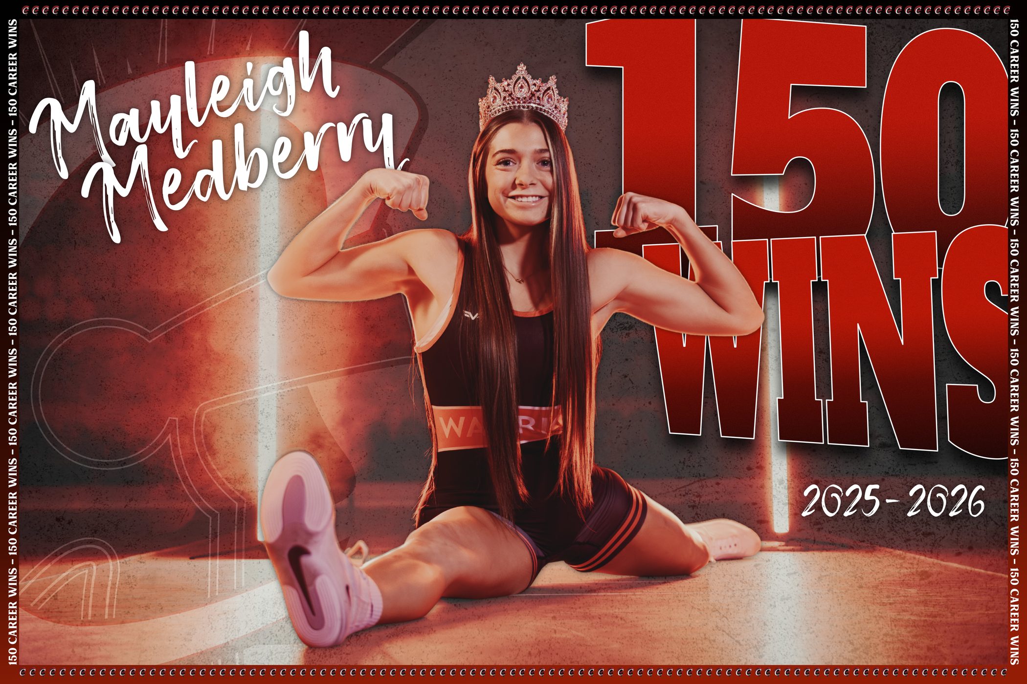 Horizontal milestone banner for a girls wrestler's 150 career wins