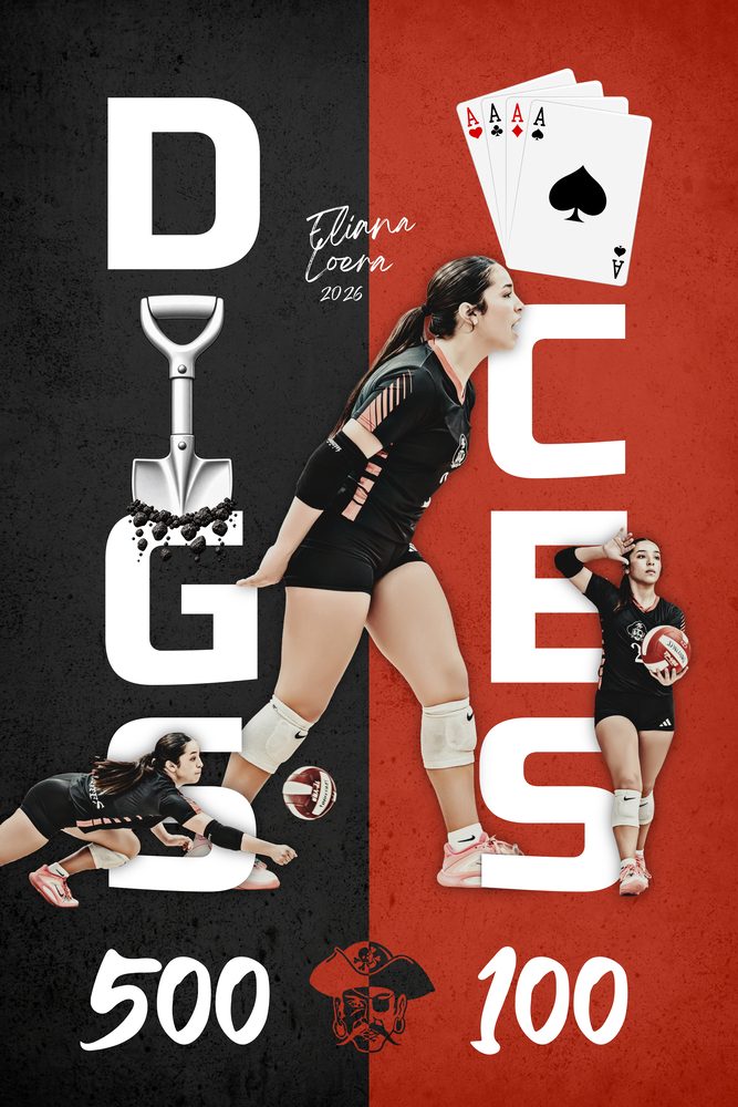 Milestone banner for a volleyball player's 500 digs and 100 aces