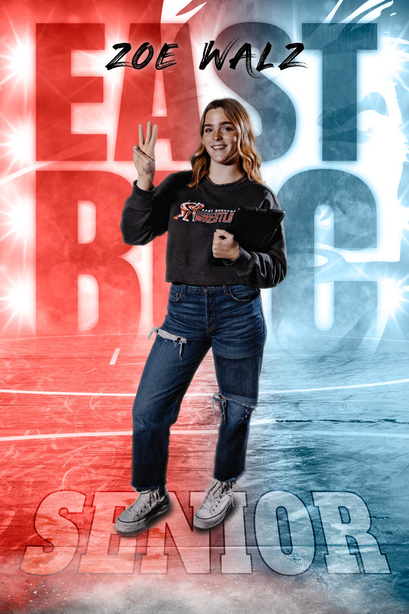East Buchanan senior banner for a senior holding up three fingers