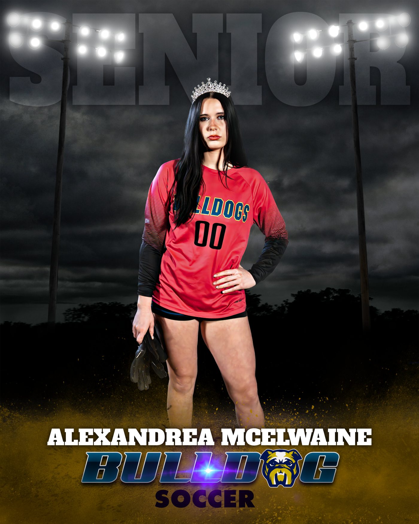 Bulldogs soccer senior banner for a player under stadium lights