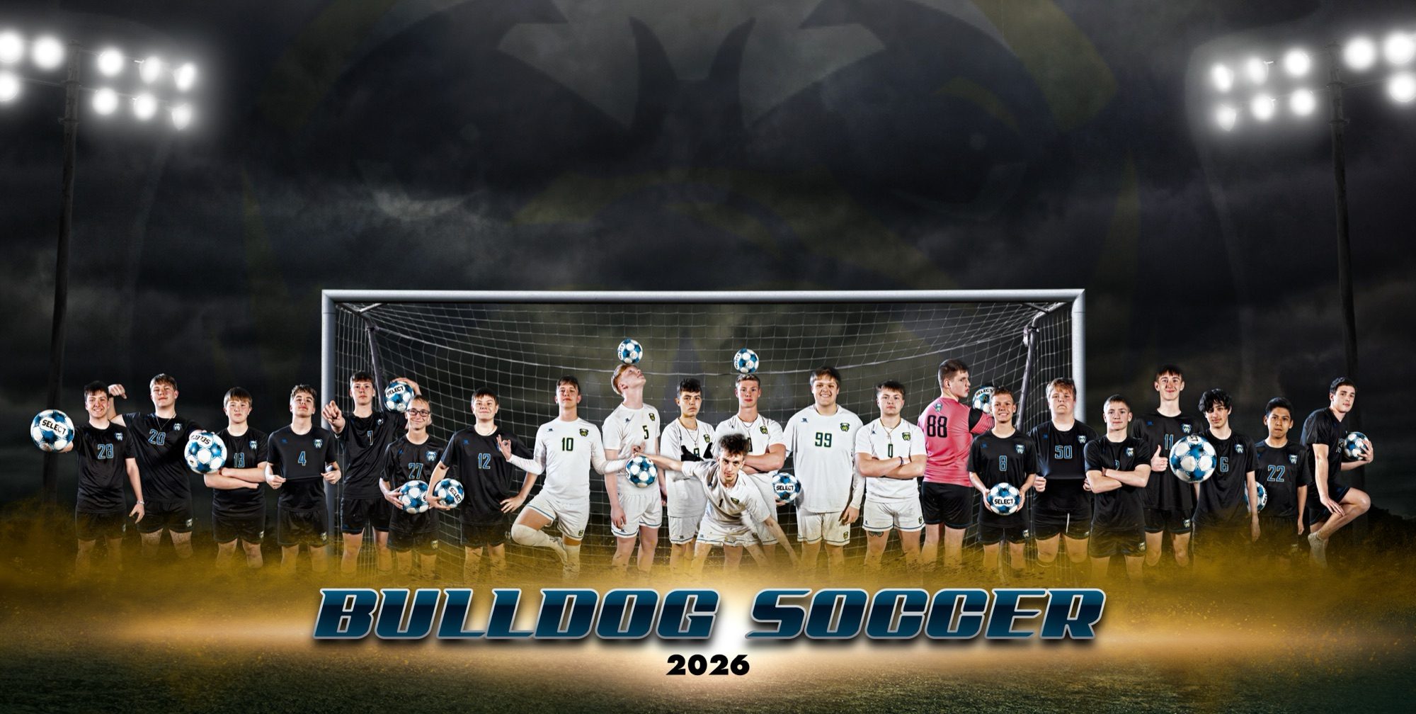 Bulldog Soccer 2026 team poster, a PDP composite design