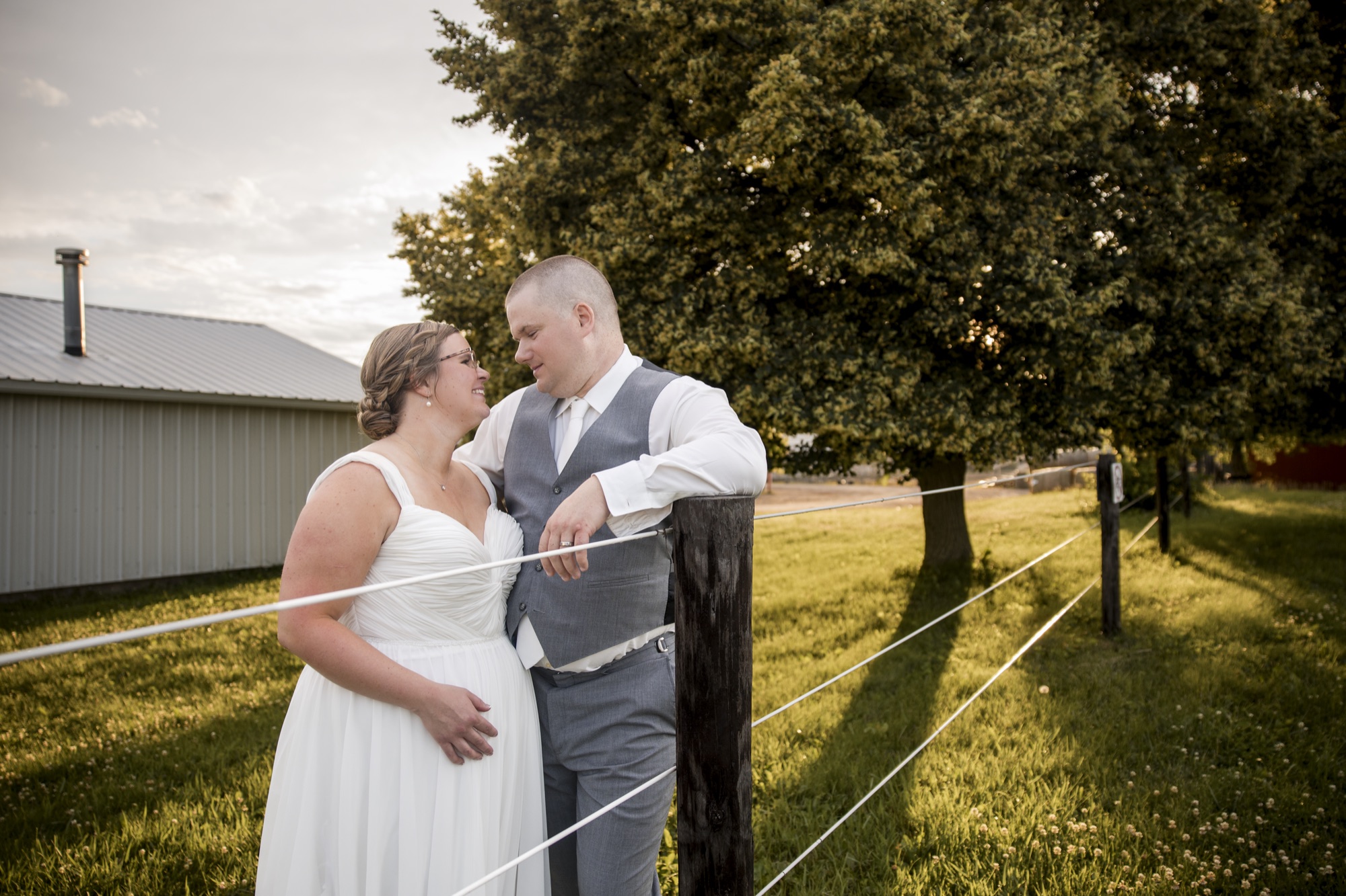 Elly and Austin Bergan on their wedding day at golden hour