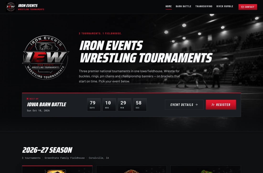 Iron Events Wrestling website, desktop
